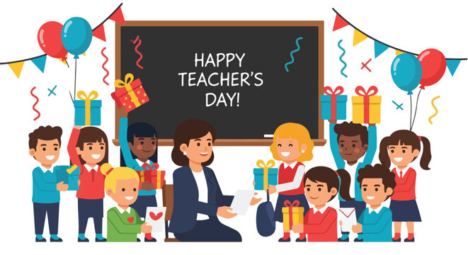 A diverse group of students gifting their happy teacher on Teacher's Day