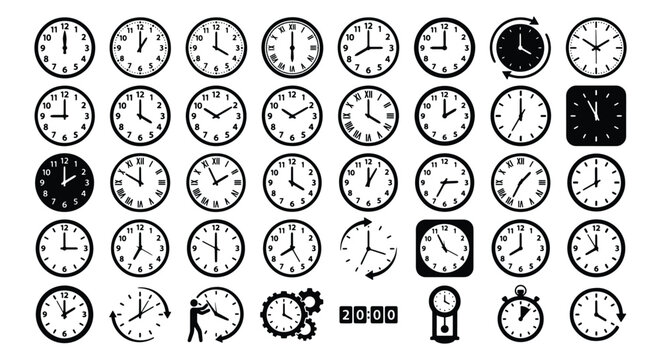 Minimalist clock icon set, 40 black and white time symbols, flat vector watch face collection for schedule and deadline management