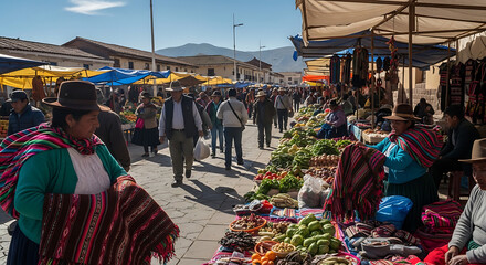 Fototapeta premium Outdoor market scene with people shopping for fresh produce and textiles under a bright sky