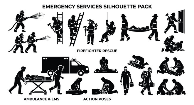 Emergency services silhouette pack, firefighter rescue and ambulance EMS action poses, first responder and paramedic vector icons set