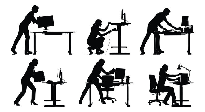 Office workstation setup silhouettes, people assembling computer desks and ergonomic furniture, professional workspace installation vector set