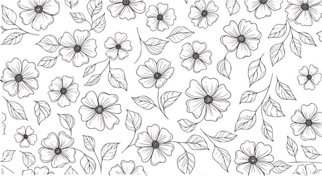 Black and white floral pattern with delicate blooming flowers and leaves