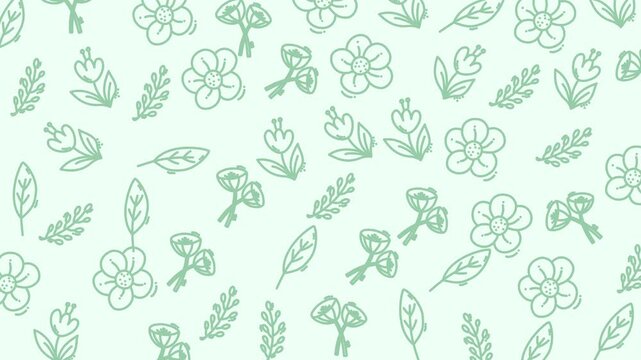 Delicate floral sketches in soft mint green hues. Simple outlines form blossoms and leaves. Pattern repeats across a pale, airy background. Ideal for design, wrapping paper, or textile projects