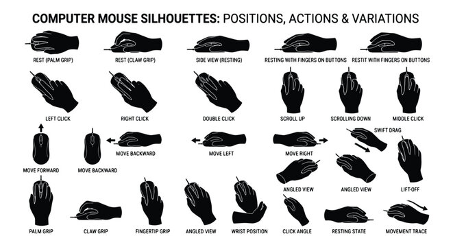 Computer mouse silhouettes showing hand positions, actions and variations. Set of black hand grip icons for gaming and office ergonomics. Vector collection.