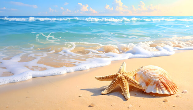 A serene tropical beach scene showcases a starfish and seashell resting on the golden sand, with gentle waves rolling in under a bright blue sky.