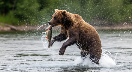 Fototapeta premium Majestic brown grizzly bear successfully catching a wild salmon fish in its mouth while jumping through a river with dramatic water splashes in nature.