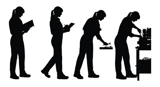 Female technician silhouettes in industrial workshop, woman engineer working at workbench, professional mechanic repair service vector set