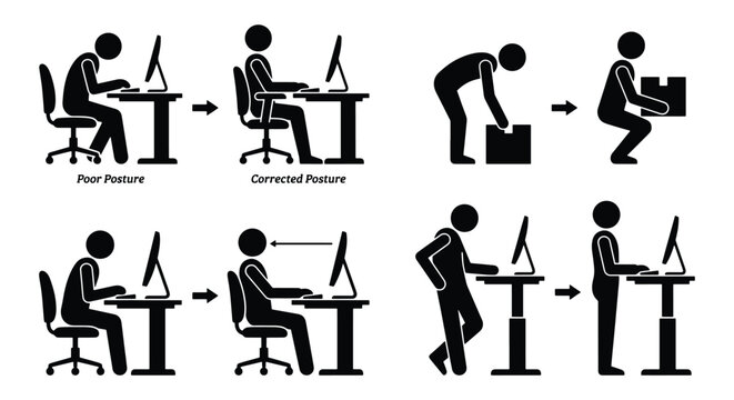 Ergonomic posture guide vector set, correct sitting and standing positions at office desk, healthy lifting technique stick figures