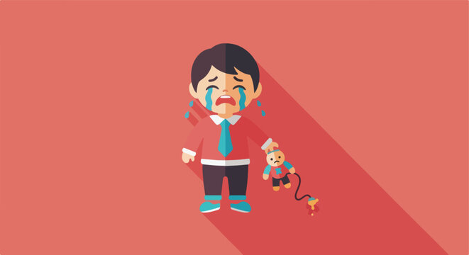 A distressed young boy crying and holding a broken doll on a coral background