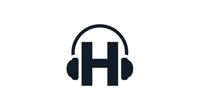 Letter H with Headphones Icon, Music Symbol, Audio Logo, Podcast Headset