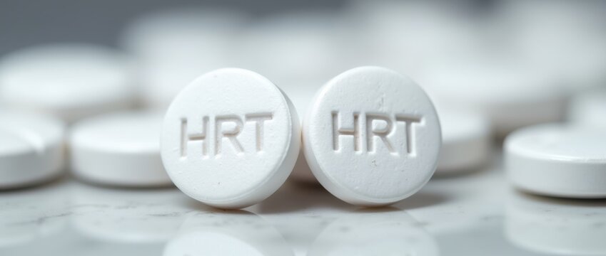Close-up of white HRT pills for hormone replacement therapy. Medical treatment for menopause or gender transition. Pharmaceutical healthcare concept 
