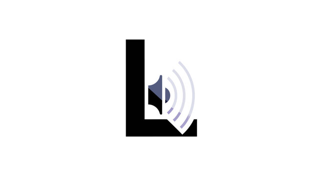 Minimalist L letter logo with sound waves and speaker icon