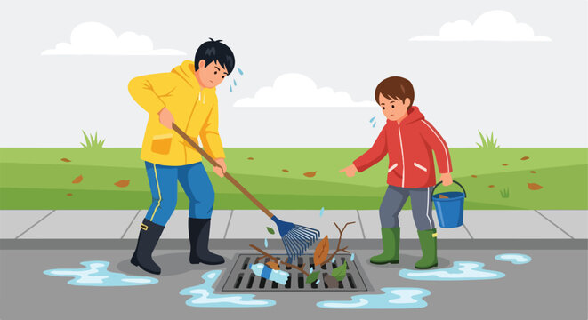 Two young people cleaning debris and trash from a storm drain on a rainy day