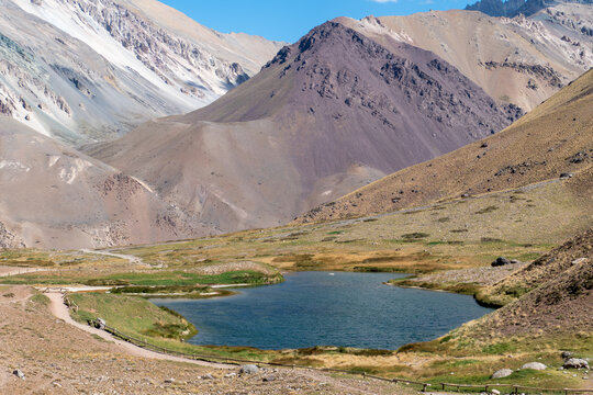 Aconcagua Provincial Park located in the Mendoza Province of the Andes with view to Mount Aconcagua, Horcones Lagoon and Plaza de Mulas or Plaza Francia