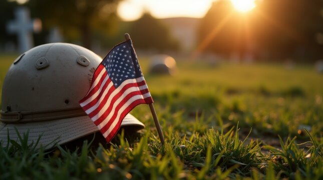 Military helmet with American flag on grass beside a soldier's grave at sunset memorial 

