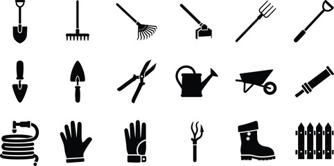 Set of black gardening tool silhouettes including shovel rake watering can and wheelbarrow © Shahedul