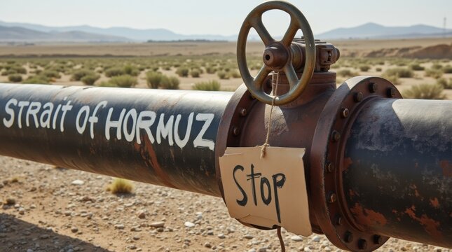 Rusty oil pipeline with Strait of Hormuz text and a handwritten cardboard stop sign. Energy crisis and geopolitical protest and blockade concept in a desert landscape