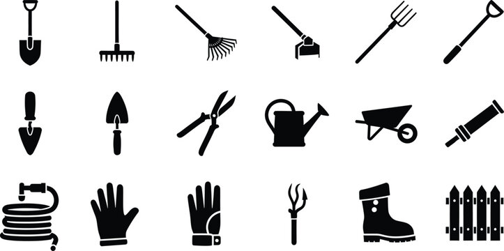 Set of black gardening tool silhouettes including shovel rake watering can and wheelbarrow