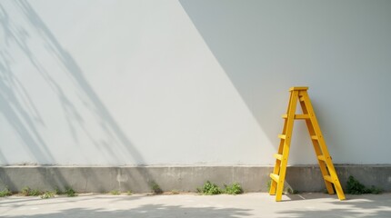 Fototapeta premium Yellow ladder against grey wall in outdoor setting 