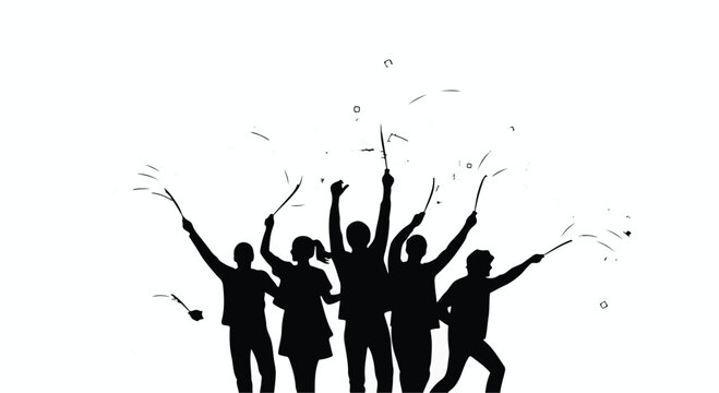 People silhouettes celebrating with sparklers captures a joyful scene of unity, excitement, and festive spirit, highlighting a group of individuals sharing a memorable moment together.