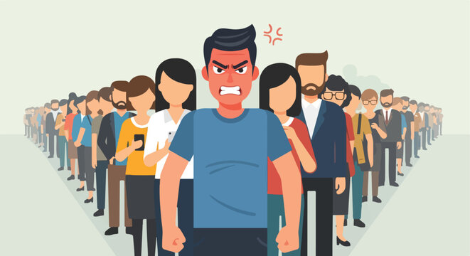 An angry man standing in the center of a large crowd of people in a line