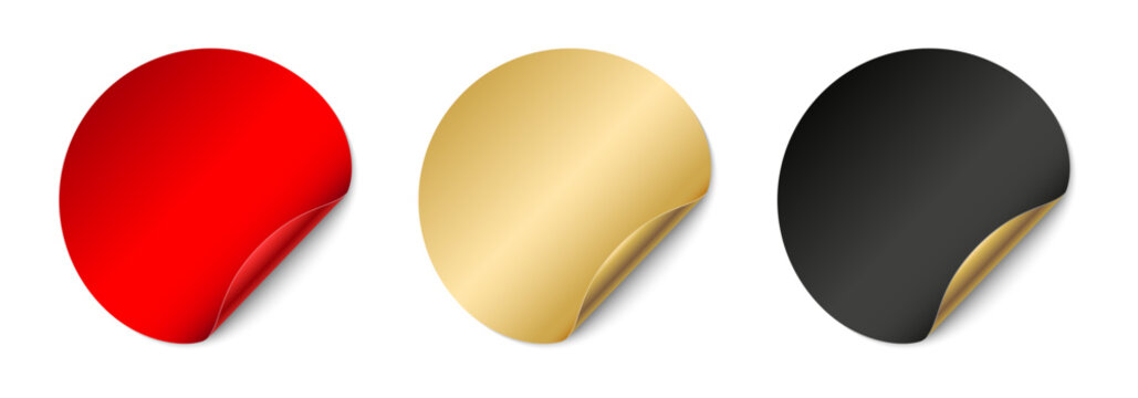 Red, gold and black round stickers with curled corner on transparent background