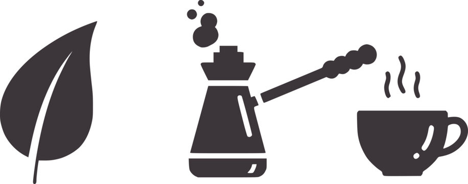 Dark grey leaf coffee pot and steaming cup white