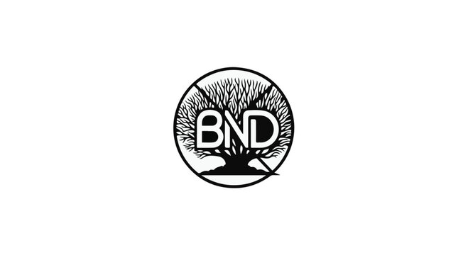 Tree logo design representing the BND brand features a stylized circular emblem with intertwined branches and bold lettering, showcasing a modern and professional identity for corporate use.