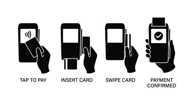 Contactless payment terminal icons set, tap to pay and swipe card instructions, credit card machine transaction steps, black vector silhouettes
