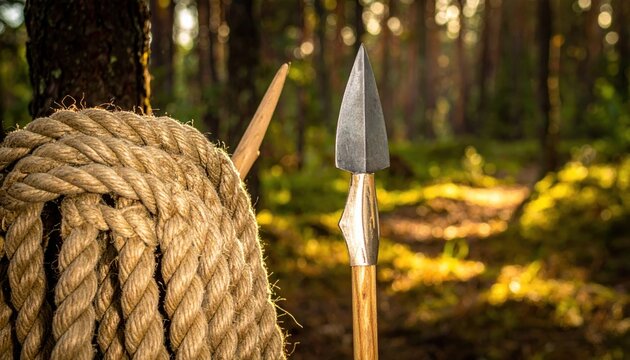 A metallic spearhead with a wooden shaft and a thick natural fiber rope coiled beside it in a sunlit forest setting