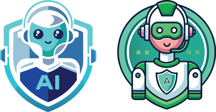 Two cartoon robotic avatars with headsets representing artificial intelligence support high quality