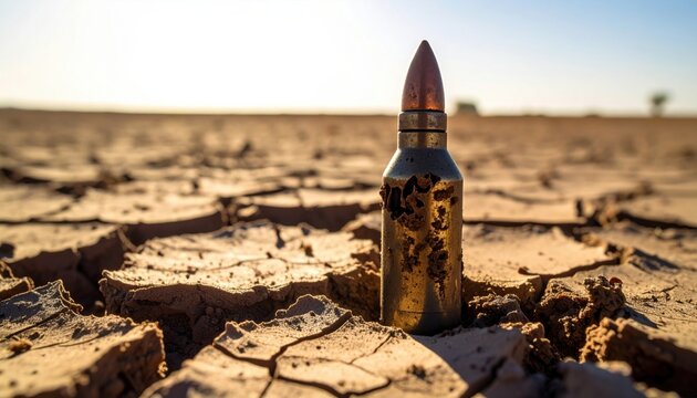 A Rusted Ammunition Casing Half-Buried in Cracked Earth Under a Clear Sky