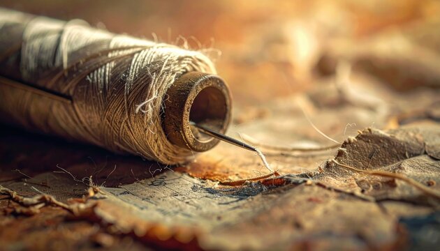 Close-up of a sewing needle threading loose yarn from a worn spool on a textured material, showcasing intricate detail and vintage craftsmanship.