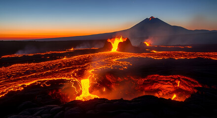 Fototapeta premium Active Volcano Erupting Lava Flow at Sunset - Fiery Landscape Dramatic Sky