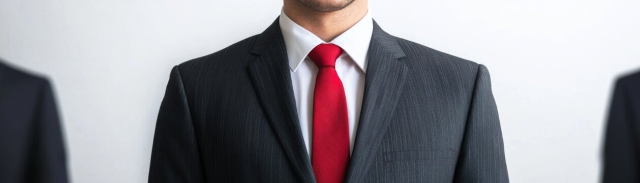 Close-up of a businessman's torso in pinstripe grey suit, white shirt and prominent red tie, flanked by blurred dark suits, conveying corporate individuality. Leadership, Distinction