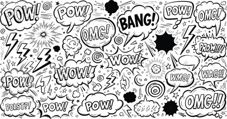 Dynamic comic book style illustration a burst of onomatopoeia and energetic visual effects © Graphicslover