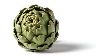 Obraz premium Fresh green globe artichoke head isolated on a white background showcasing natural texture and intricate layers of delicious edible vegetable