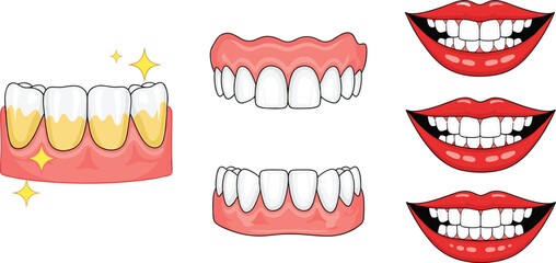 Obraz premium Cute Mouth and Smile Cartoon Icons Set with Teeth Lips and Facial Expressions Emoji Style Illustration Collection for Kids Design and Dental Projects
