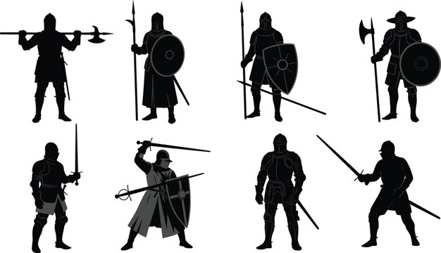 Set of Medieval Knight Silhouettes Including Warriors with Swords Shields Spears and Axes in Various Combat Poses for History Fantasy and Game Design