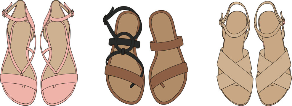 Women summer sandals vector set with flat casual footwear styles, trendy female shoes collection, minimal fashion illustration isolated on white background