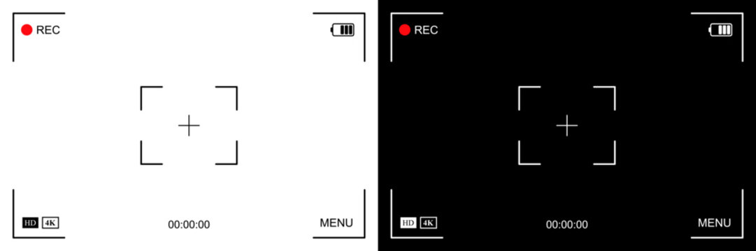 Photo or video camera viewfinder display screen frame, camera interface overlay shows information indicators, dark and light mode recording