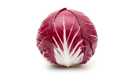 Obraz premium Fresh whole radicchio head with vibrant purple leaves and white veins isolated on a clean white background for culinary photography