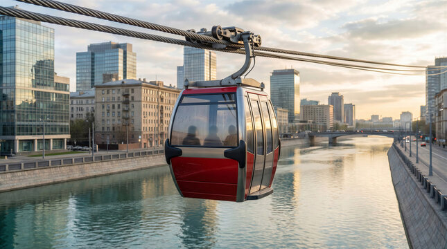 Red gondola cable car gliding above city river at sunset  