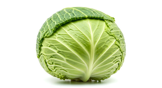 Fresh whole head of green cabbage isolated on a white background showing vibrant leaves and healthy organic garden vegetable textures