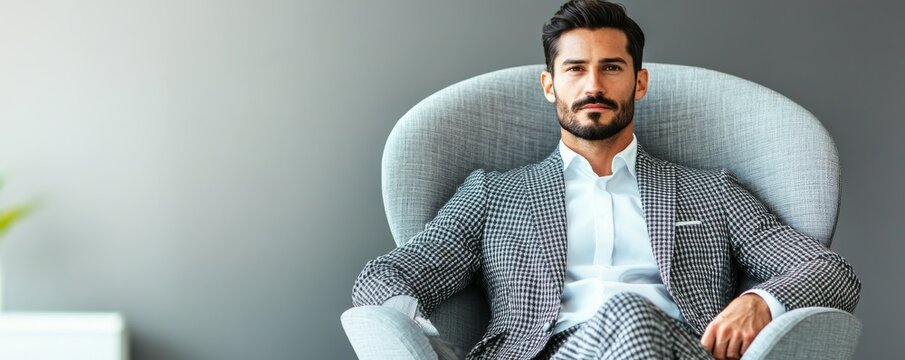 Confident man in houndstooth suit, seated in a modern gray armchair, with a direct, assertive gaze., Professionalism, Corporate