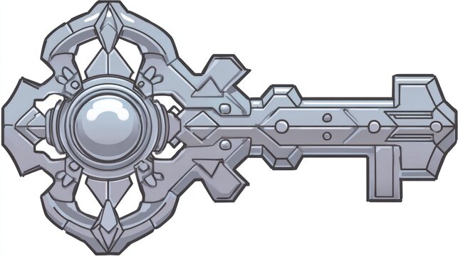 Intricate ornamental key detailed silver design on a white background