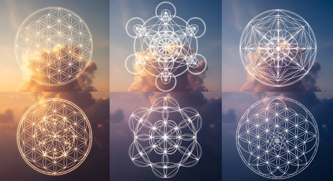 Sacred Geometry Collage Flower of Life, Metatron's Cube, Merkaba, Celestial Sky