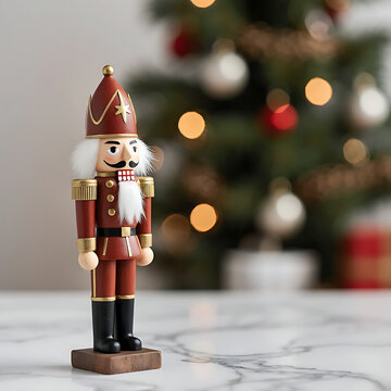 classic Nutcracker soldier toy standing guard in front of a palace door, detailed wooden uniform with gold buttons, tall shako hat, fierce painted face, blurred festive bokeh background, photorealisti