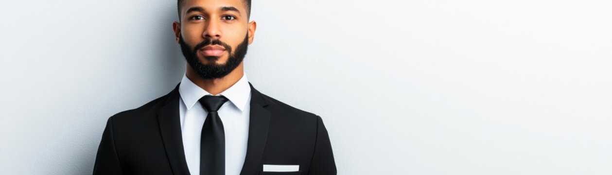 Confident young bearded man in a sharp black suit and tie, looking directly at camera, half-body professional portrait on white background with copy space for business success.