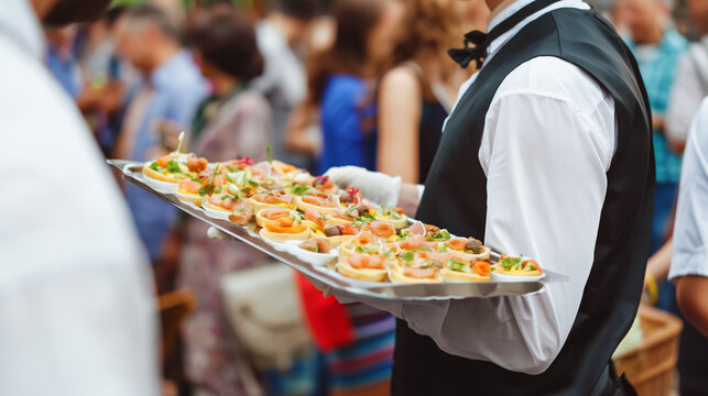 Elegant Catering Service: Professional Waiter Serving Appetizers at Formal Outdoor Cocktail Party